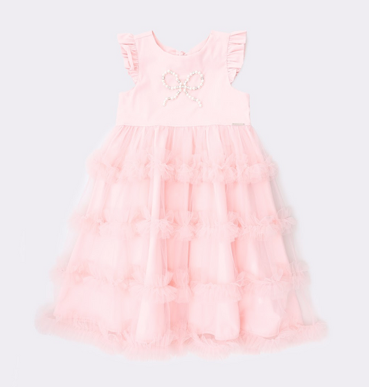 Vestido Infantil Rosa com Laço de Pérolas e Babados em Tule - Pituchinhus