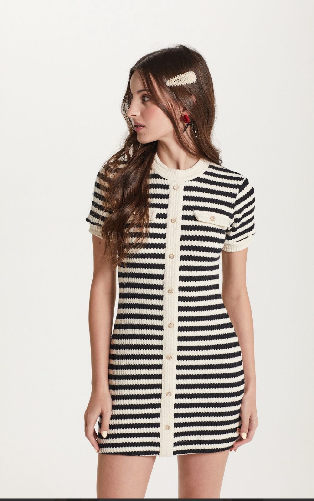 Vestido Teen Tricot Listrado com Botões - Two In