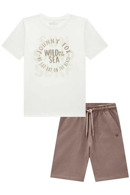 Conjunto Infantil Camisa Off White e Bermuda Marrom - Little Johnny