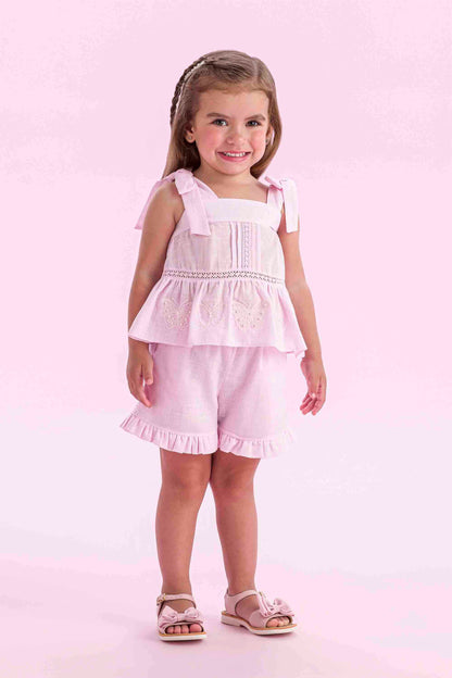 Conjunto Infantil Algodão Blusa e Shorts Renda e Bordado Rosa Claro - Petit Cherie PRÉ-VENDA