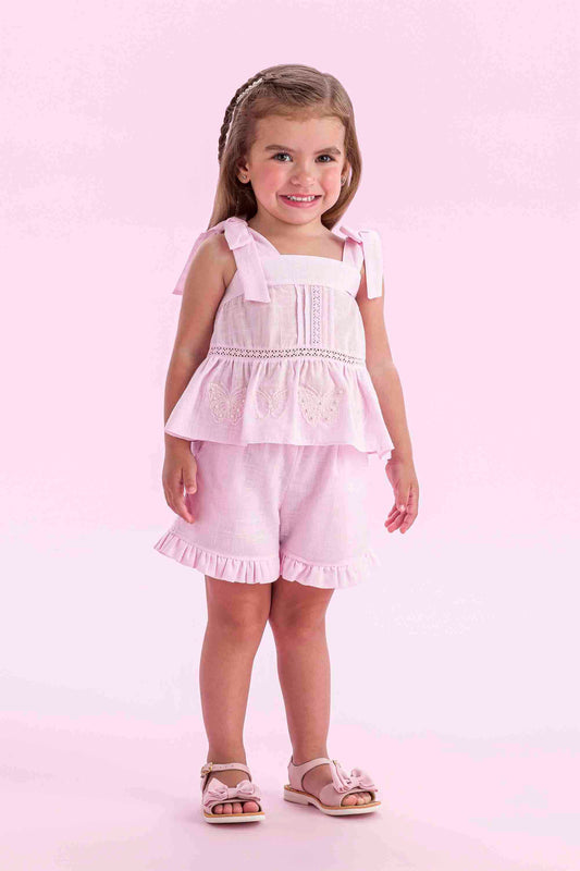 Conjunto Infantil Algodão Blusa e Shorts Renda e Bordado Rosa Claro - Petit Cherie PRÉ-VENDA