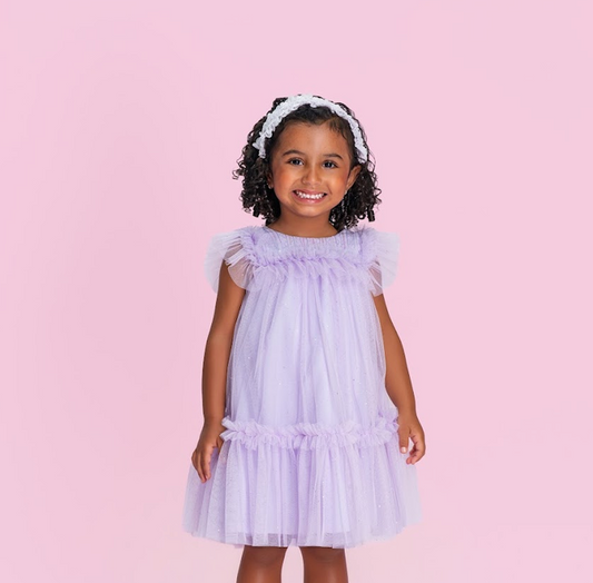 Vestido Infantil Lilás  Babados em Tule com Glitter - Petit Cherie