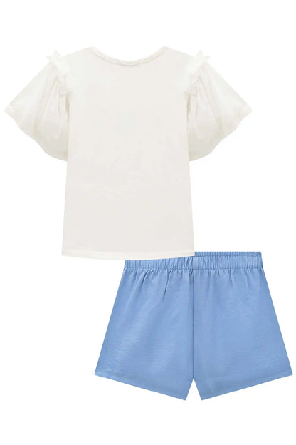 Conjunto Infantil Blusa Lacinho Manga Tule e Shorts Azul Médio - Infanti