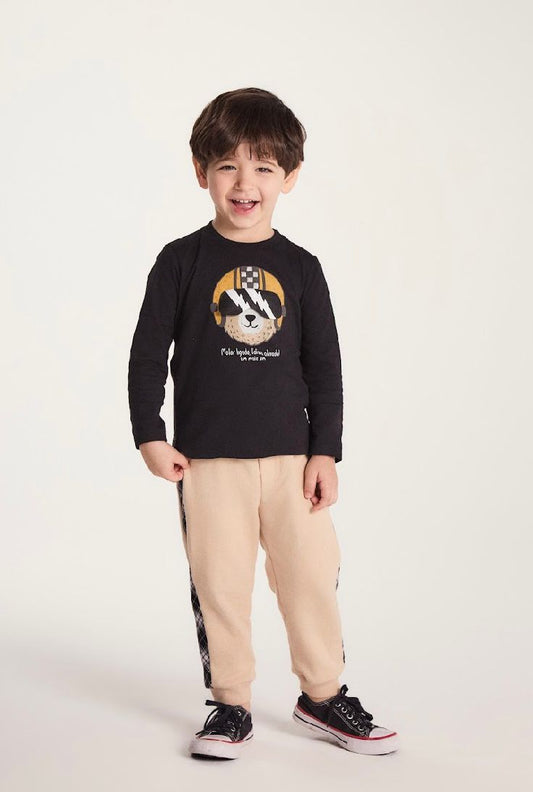 Conjunto Bebê Camiseta Algodão Ursinho Óculos Preta e Calça Moletom Bege - Um Mais Um