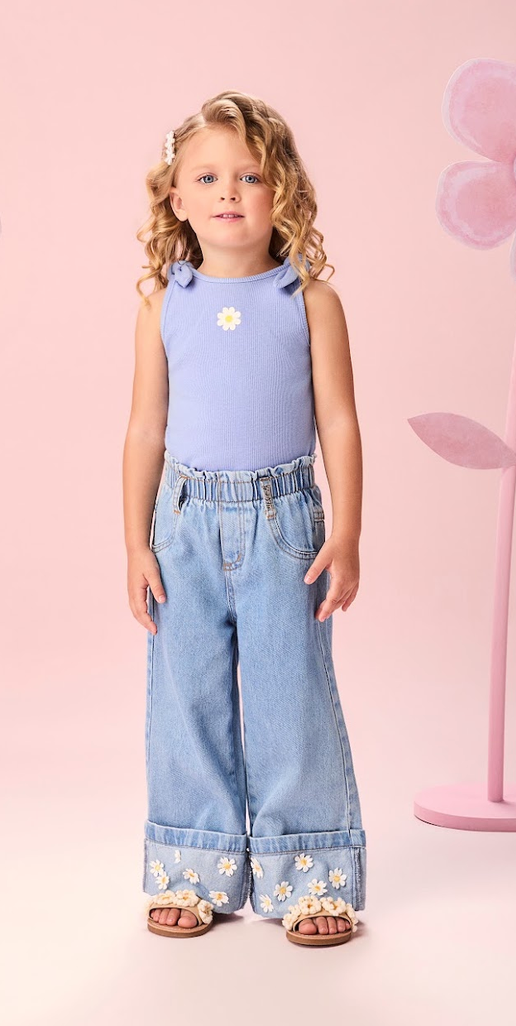 Conjunto Infantil Regata Infantil Turim Lilas e Calça Jeans Aplique Flor - Momi