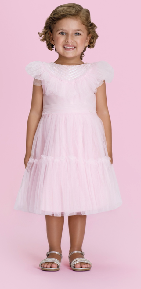 Vestido Infantil Gola Bordada Em Tule Rosa - Petit Cherie
