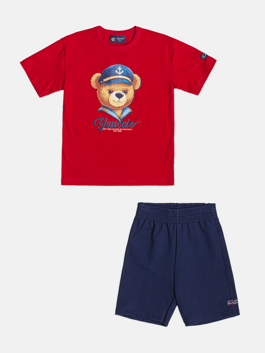 Conjunto Infantil Camisa Vermelha Urso Teddy Marinheiro Bermuda Azul Marinho em Moletinho - Youccie