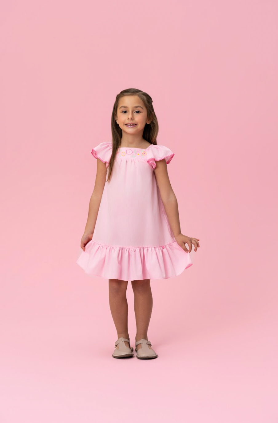 Vestido Infantil Amplo Rosa Bordadinhos Flores Busto - Mon Sucré