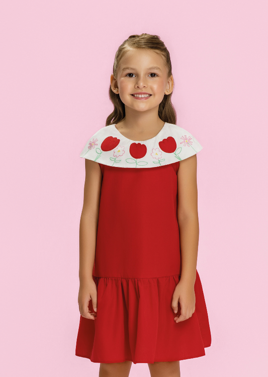 Vestido Infantil Vermelho com Gola Bordada Floral - Mon Sucre