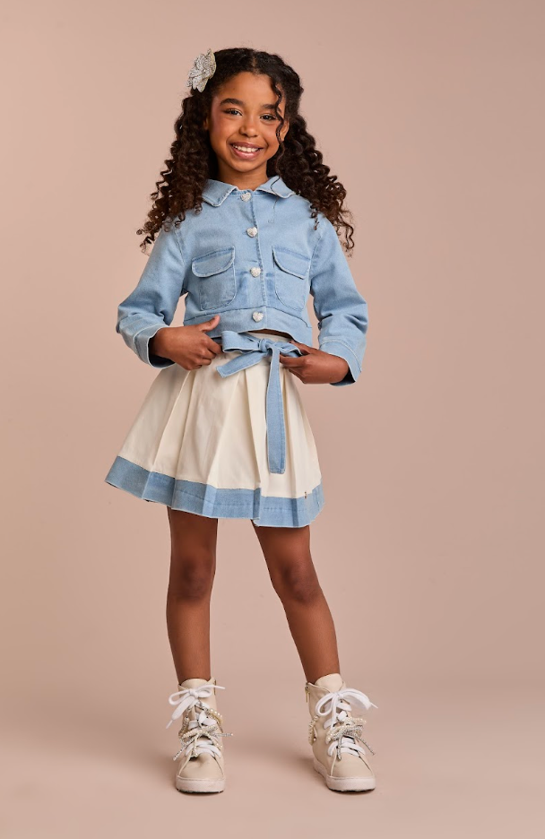 Conjunto Infantil Casaco Jeans e Saia de Pregas Branco - Gabriela Aquarela