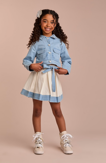 Conjunto Infantil Casaco Jeans e Saia de Pregas Branco - Gabriela Aquarela