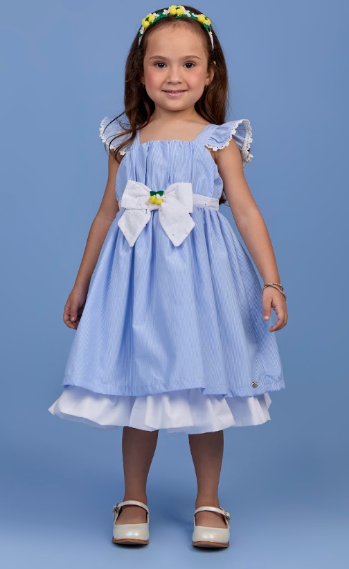 Vestido Infantil Tricoline Azul Listrado Laço Com Limões e Barra Em Tule - Gabriela Aquarela