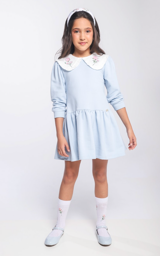 Vestido Infantil ML Babadinho Flores Bordados Azul - Luluzinha