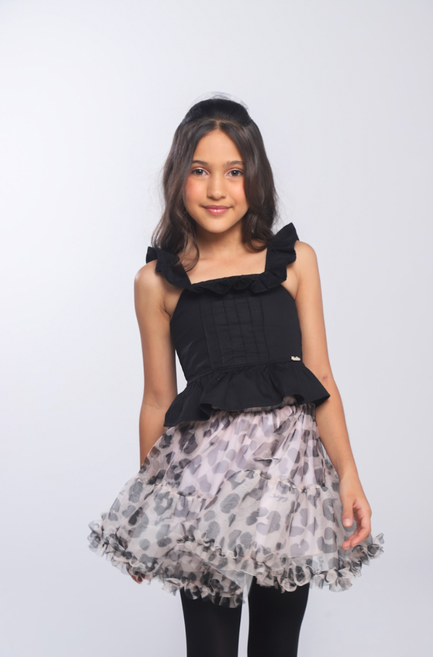 Conjunto Infantil Blusa Peplum Babadinho e Saia Rodada Tule Animal Print P&B - Luluzinha