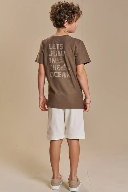 Conjunto Infantil Camiseta Marrom e Bermuda Sarja Off White - Little Johnny