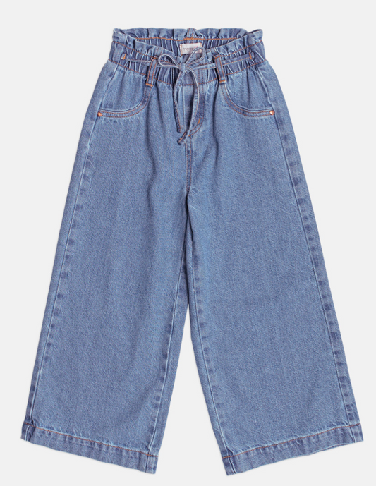 Calça Infantil Jeans Wide Leg Cós Alto Com Elástico - Momi