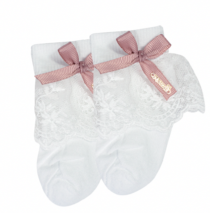 Meia Infantil Clássica Renda Lacinho Rosa Seco - Roana