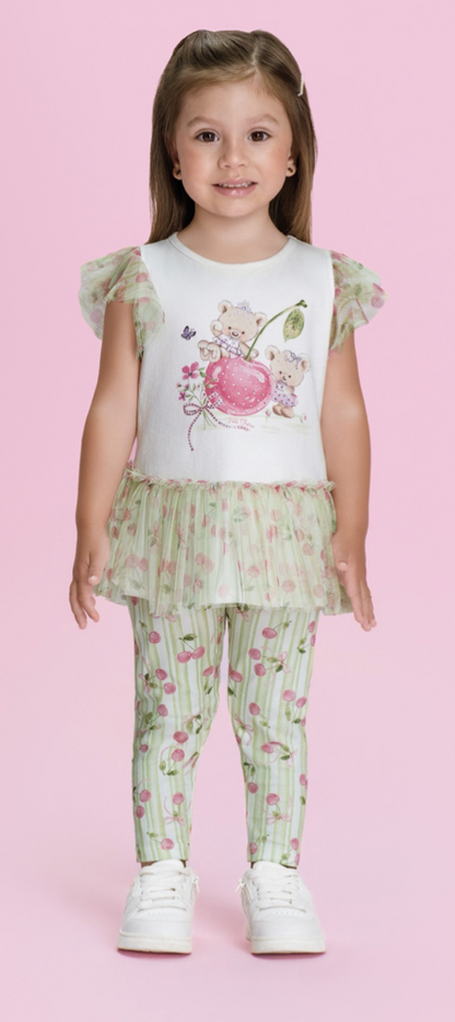 Conjunto Infantil Blusa Ursinha Em Tule e Calça Legging Cerejas - Petit Cherie