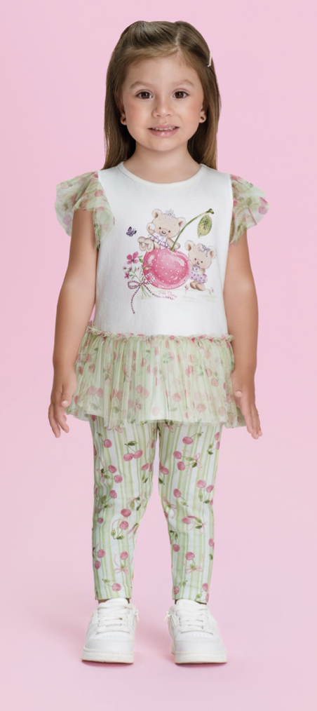 Conjunto Infantil Blusa Ursinha Em Tule e Calça Legging Cerejas - Petit Cherie