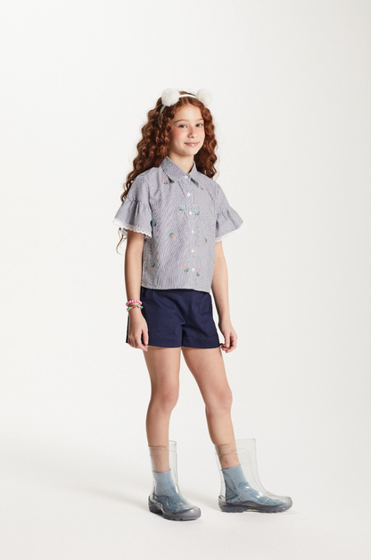 Conjunto Infantil Camisa Listrada Bordada e Shorts Sarja Marinho - Um Mais Um