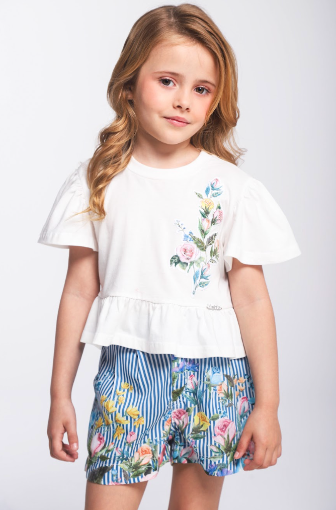 Conjunto Infantil Blusa Off White Flores Bordadas e Short Listrado Flores - Luluzinha