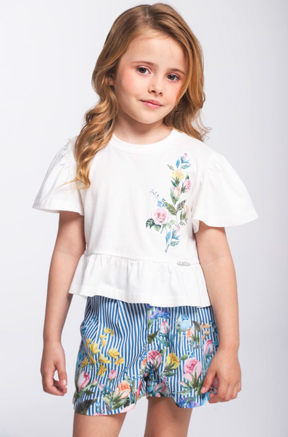 Conjunto Infantil Blusa Off White Flores Bordadas e Short Listrado Flores - Luluzinha