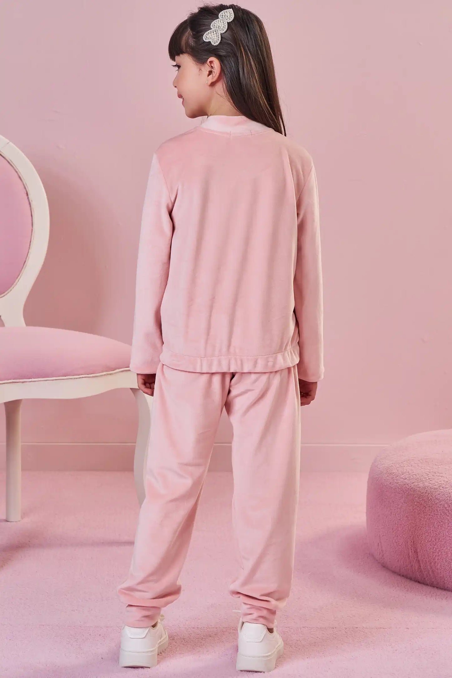 Conjunto Jaqueta e Calça Jogger Veludo Elastano Rosa Claro - Infanti