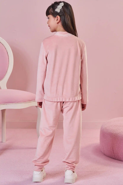 Conjunto Jaqueta e Calça Jogger Veludo Elastano Rosa Claro - Infanti