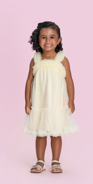 Vestido Infantil Amarelo Strass Brilhante Alças e Barra Em Tule  - Petit Cherie