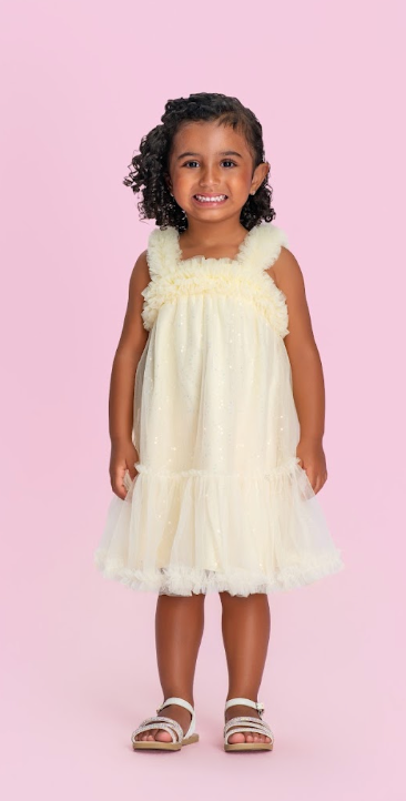 Vestido Infantil Amarelo Strass Brilhante Alças e Barra Em Tule  - Petit Cherie