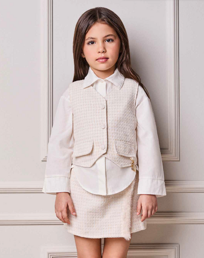 Conjunto Infantil Camisa Gola com Babado, Colete e Shorts Tweed Off White - Animê