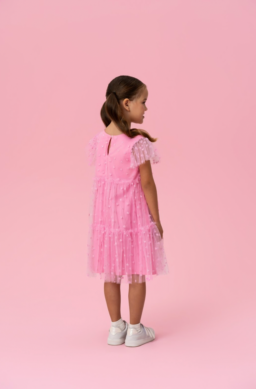 Vestido Infantil Trapézio Tule Corações Rosa Balé - Mon Sucré