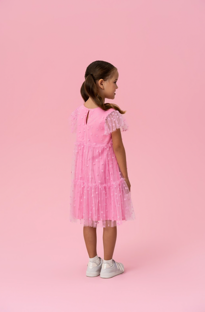 Vestido Infantil Trapézio Tule Corações Rosa Balé - Mon Sucré