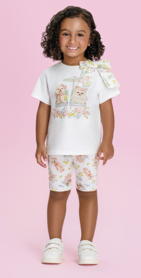 Conjunto Infantil Blusa Laço Maxxi Lateral e Shorts Legging Cachorrinhos - Petit Cherie
