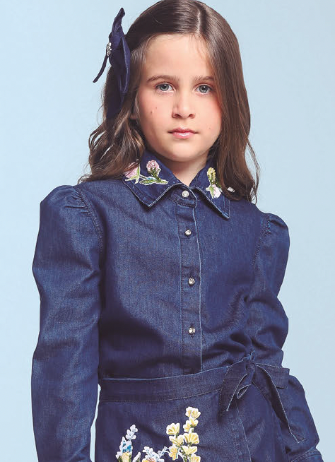 Camisa Infantil Jeans Leve ML Gola Bordada Flores - Luluzinha