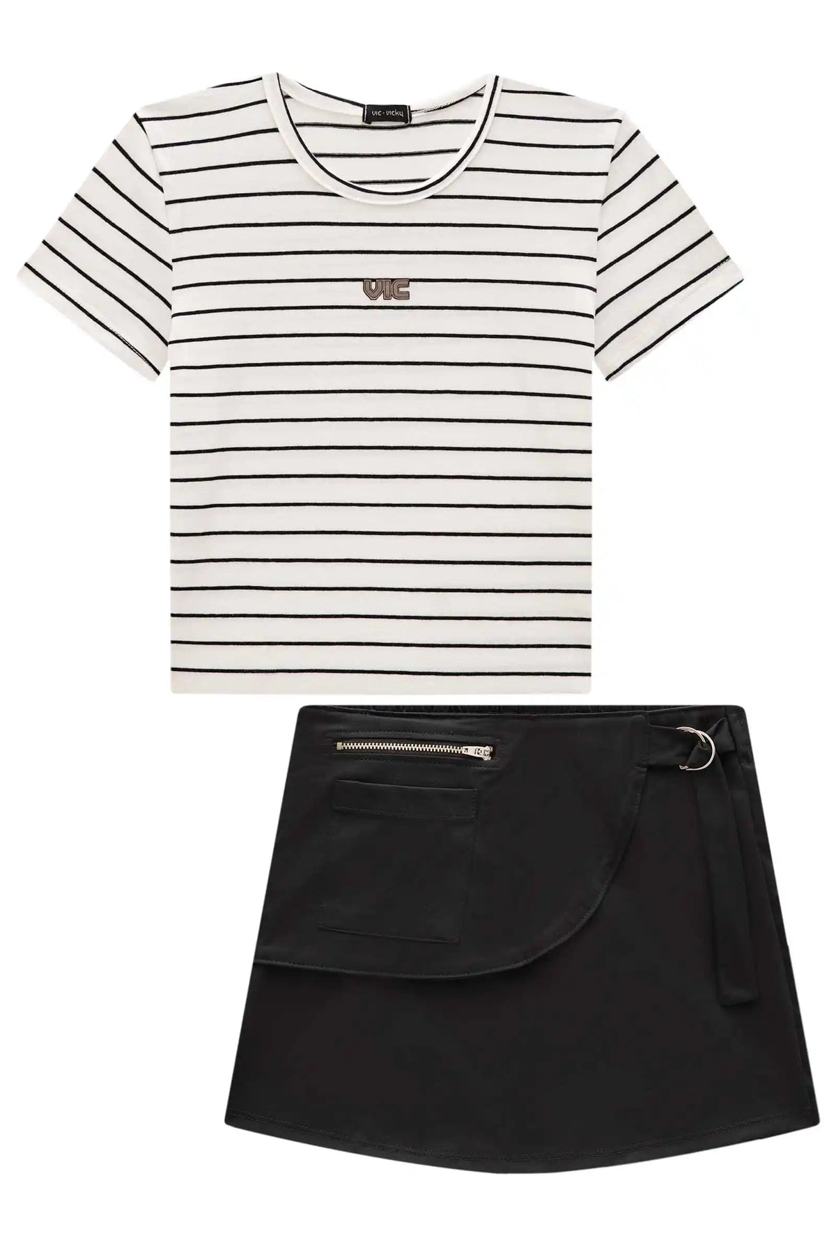 Conjunto Infantil Blusa Listrada Short Saia Cargo Preto - Vic Vick