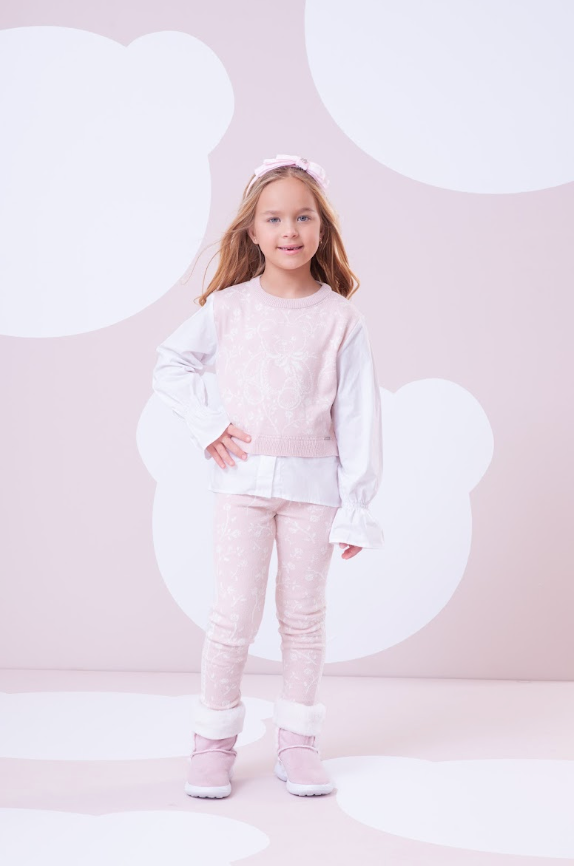 Blusa Infantil Tricot Floral Ursinho Algodão Rosa Mel - Pituchinhus