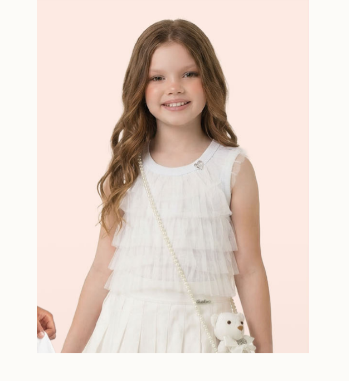 Conjunto Infantil Regata Off White com Babados em Camadas Shorts Balonê Algodão Branco - Luluzinha