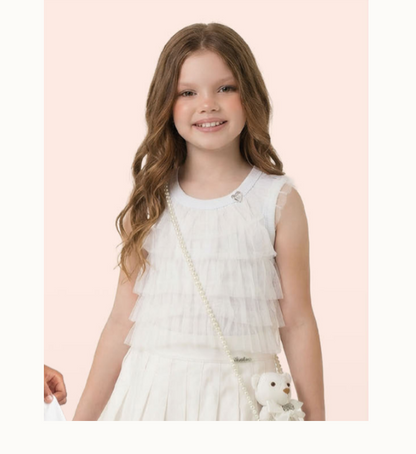 Conjunto Infantil Regata Off White com Babados em Camadas Shorts Balonê Algodão Branco - Luluzinha