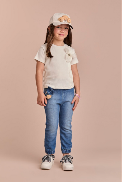 Conjunto Infantil Camiseta Off White Lacinho Tule e Calça Jogger Jeans Ursinho - Gabriela Aquarela