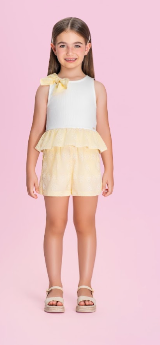 Conjunto Infantil Blusa Laço No Ombro Com Babados Peplum e Shorts Texturizado - Petit Cherie