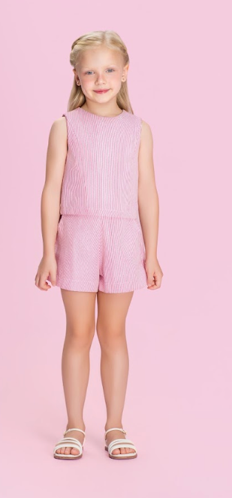 Conjunto Infantil Listrado Blusa Com Decote Redondo e Shorts - Petit Cherie