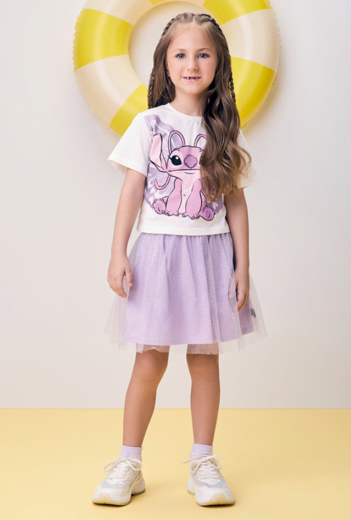 Conjunto Infantil Stitch Blusa e Saia de Tule Lilás - Momi