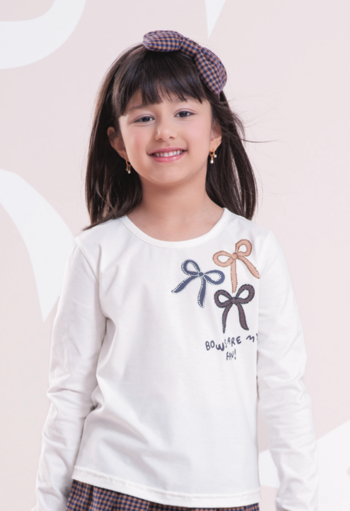 Conjunto Infantil Blusa Off White Estampa Laços E Legging Tricot Xadrez Marrom -  Pituchinhus