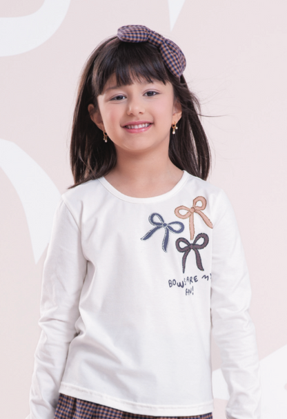 Conjunto Infantil Blusa Off White Estampa Laços E Legging Tricot Xadrez Marrom -  Pituchinhus