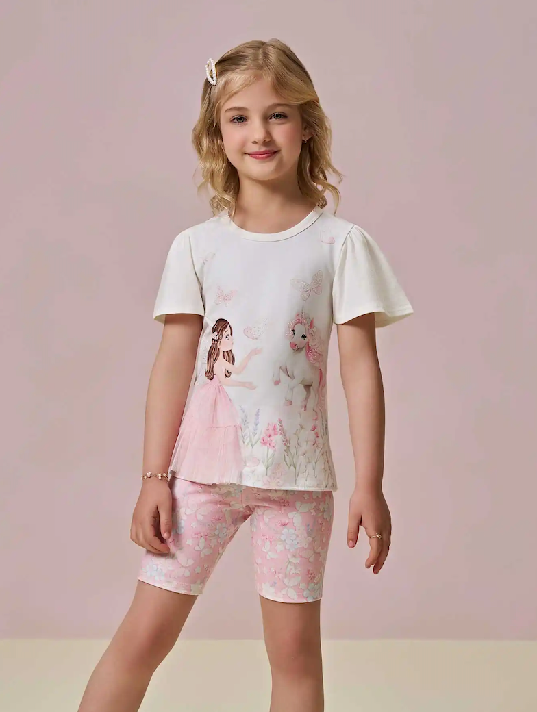 Conjunto Infantil Blusa Princesa  e Shorts Bike Rosa - Infanti