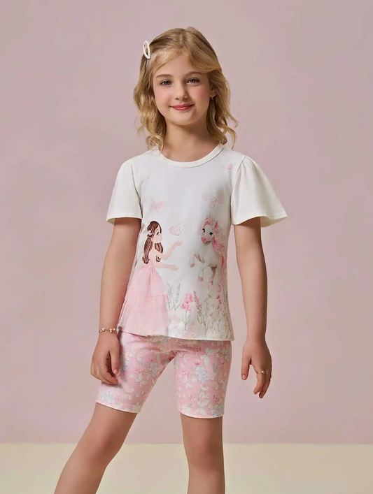 Conjunto Infantil Blusa Princesa  e Shorts Bike Rosa - Infanti