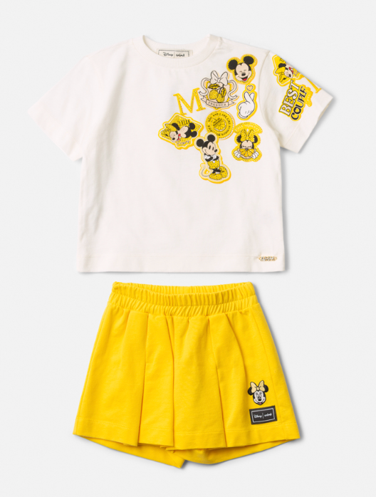 Conjunto Infantil Blusa Minnie e MIckey e Shorts Saia Amarelo Com Pregas - Animê - Pré Venda