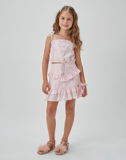 Conjunto Infantil Blusa e Saia-short de Algodão Entremeio em Renda Rosa - Um Mais Um