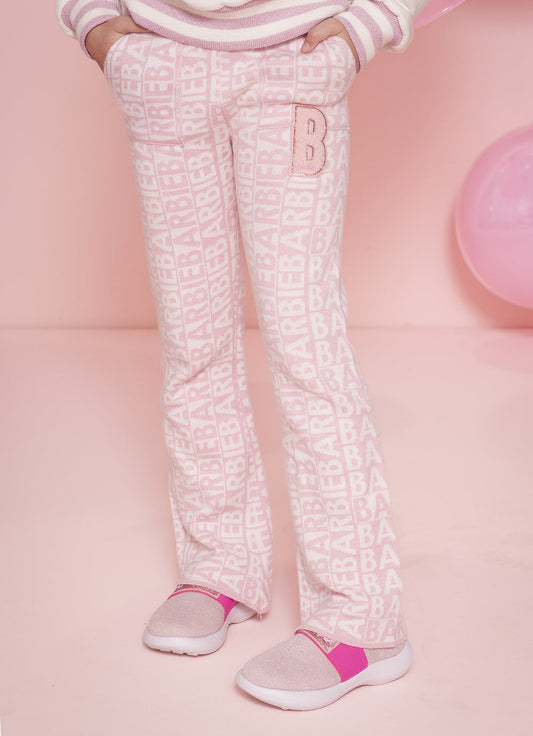 Calça Infantil Tricot Flare Jacquard Patche Barbie Sugar Rose - Pituchinhus